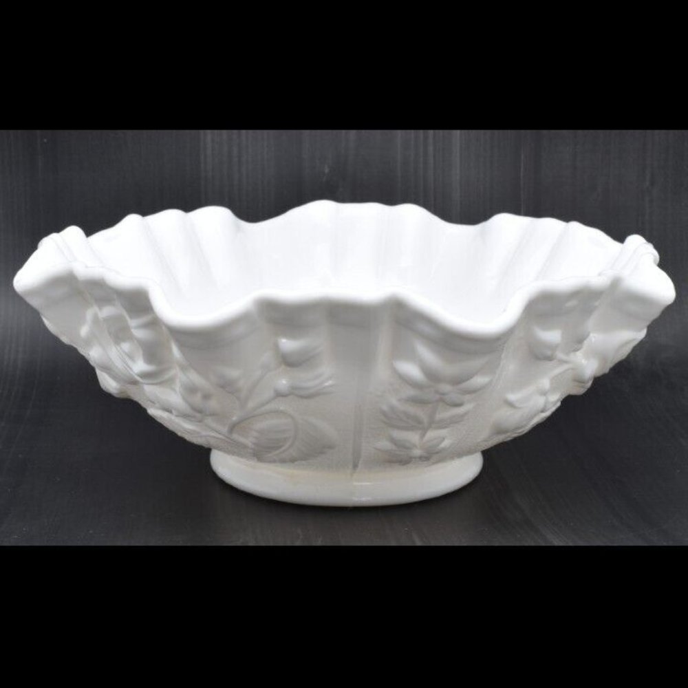 Vintage Milk Glass Floral Bowl, Ruffled, Scalloped, Roses - Picture 1 of 9
